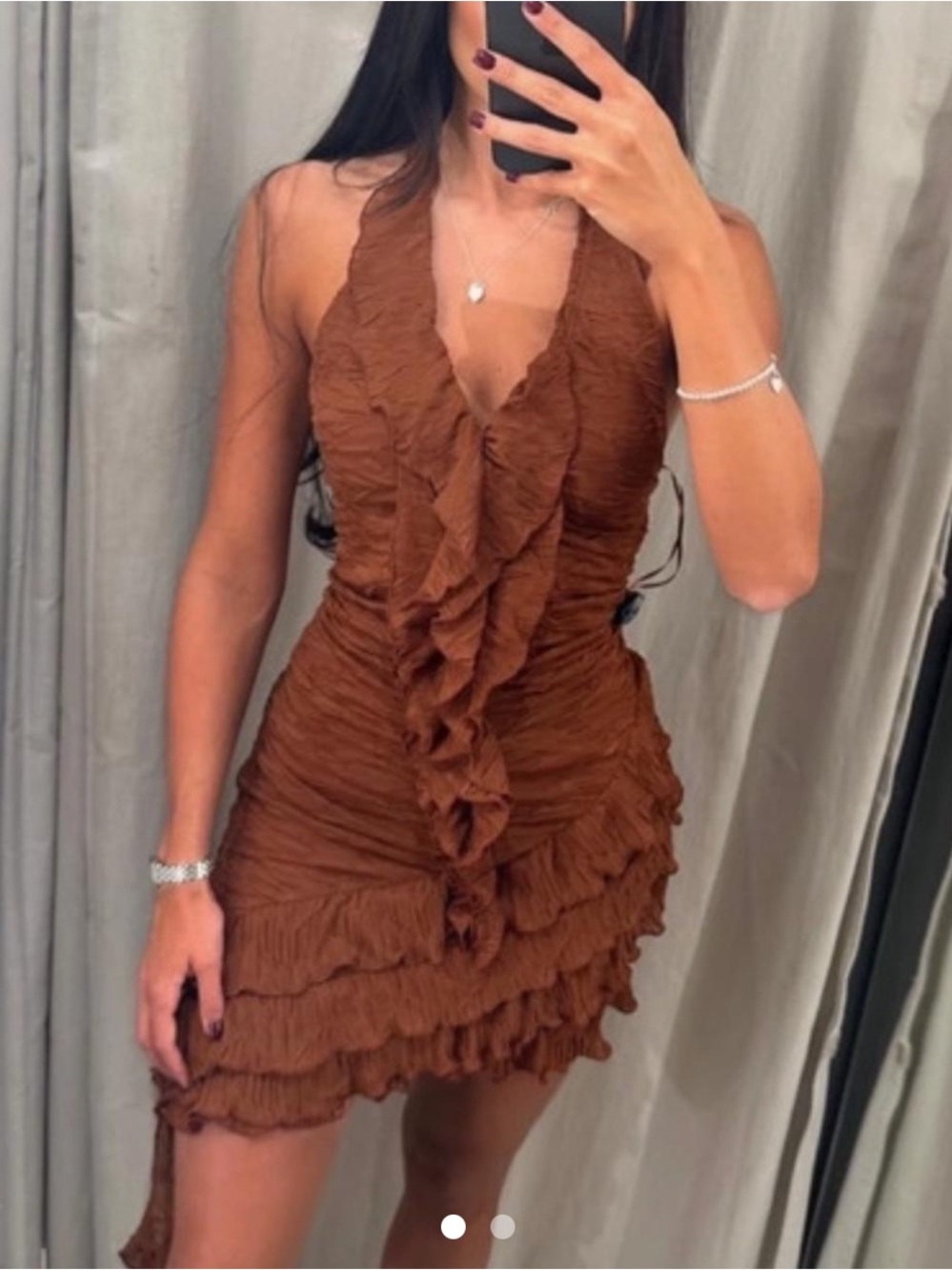Brown Zara Ruched Ruffle Dress - Picture 3 of 10